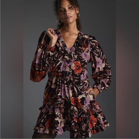 Anthropologie Dresses & Skirts - PILCRO TIERED CORDUROY RUFFLED FLORAL BOHO MINI DRESS medium BLACK long sleeve